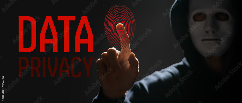 Poster banner for data privacy day with male hacker using virtual screen