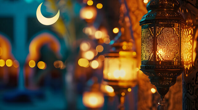 Closeup ramadan lantern with crescent moon in the night. Ramadan mubarak template, hari raya, eid al fitr, eid al adha. Greeting card for muslim holidays. Banner template for islamic holiday