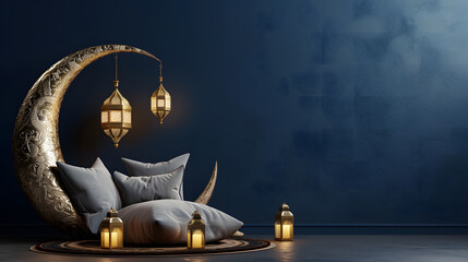 3D Ornament ramadan lantern and crescent moon. Ramadan mubarak background, hari raya, eid al fitr, eid al adha. Greetings card for muslim holidays. Ramadan template banner. - obrazy, fototapety, plakaty