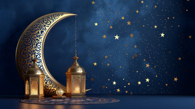 3D Ornament ramadan lantern and crescent moon. Ramadan mubarak background, hari raya, eid al fitr, eid al adha. Greetings card for muslim holidays. Ramadan template banner.
