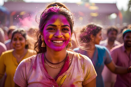 Celebrating Holi Festival of Colors, Happy Indian woman with colorful Holi powder on face and body, generative AI