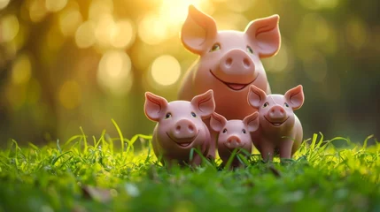 Fotobehang Piggy bank family with parent and baby pigs generative ai © ThisDesign