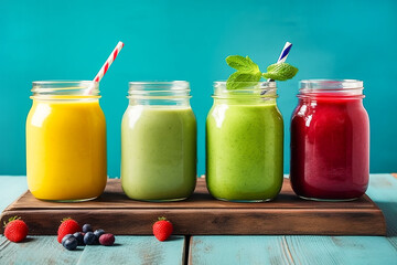 Three glass jars with colorful red yellow green smoothie from vegetables fruits berries. Healthy plant based diet detox vitamins energy concept