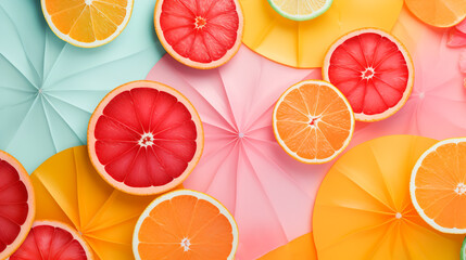 Colorful banner with multicolored paper cut flowers geometric elements fruit orange slices in pop...