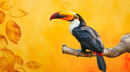 Toucan bird sitting on a tree branch on bright yellow background. Tropical nature summer vacation...