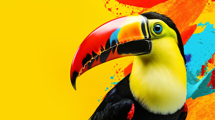 Toucan bird sitting on a tree branch on bright yellow background with multicolored splashes....