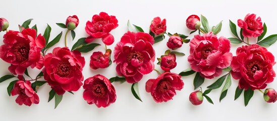 Red peonies arranged in a flat lay composition on a white background, creating a floral summer background.