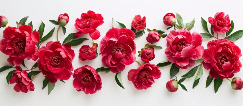Red peonies arranged in a flat lay composition on a white background, creating a floral summer background.