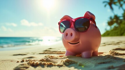 Piggy bank wearing sunglasses on a sunny beach generative ai - obrazy, fototapety, plakaty
