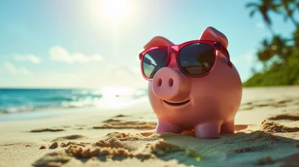 Deurstickers Piggy bank wearing sunglasses on a sunny beach generative ai © ThisDesign
