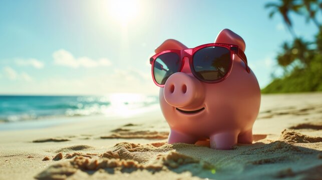 Piggy bank wearing sunglasses on a sunny beach generative ai