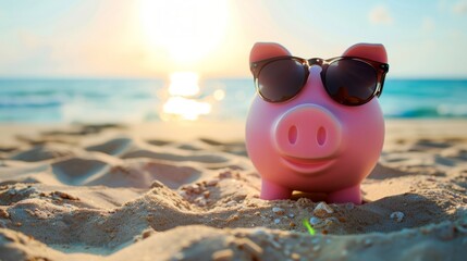 Piggy bank wearing sunglasses on a sunny beach generative ai