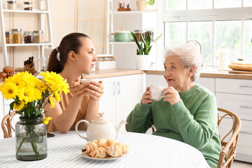 Senior woman with her granddaughter drinking tea in kitchen