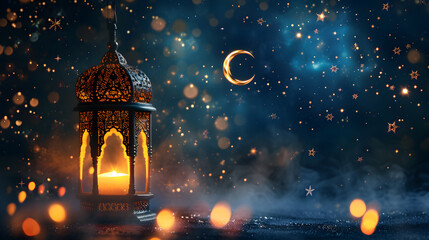 Fototapeta na wymiar Ramadan lantern with beautiful night background decorated with stars and crescent moon