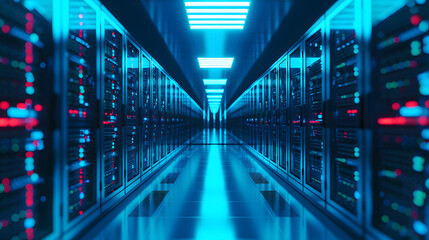 Fototapeta premium Data server room with server racks. Cloud server room with racks of network servers.