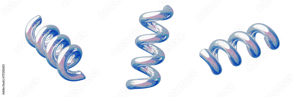 Fototapete 3d set geometry shape spiral iridescent abstract metallic color, realistic rendering element design