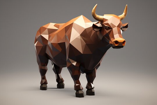 Low poly brown bull isolated on gray background, 3d render illustration, AI Generated