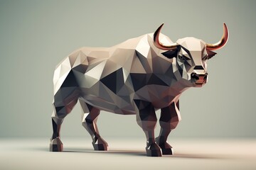 Polygonal bull on gray background, 3d render illustration, Ai Generated