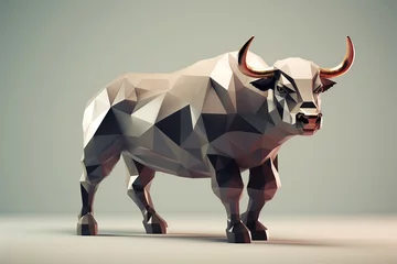 Rolgordijnen Polygonal bull on gray background, 3d render illustration, Ai Generated © Mediapro