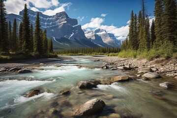 Fototapeta na wymiar Scenic river and majestic mountains in Banff National Park, Canada. Generative AI