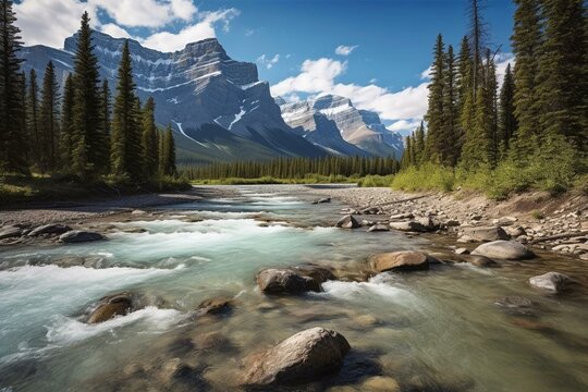 Scenic river and majestic mountains in Banff National Park, Canada. Generative AI