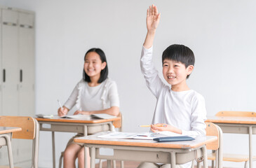学校・塾のICT教育の授業で挙手するアジア人の子供（小学生・夏期講習・生徒・児童）
 - obrazy, fototapety, plakaty