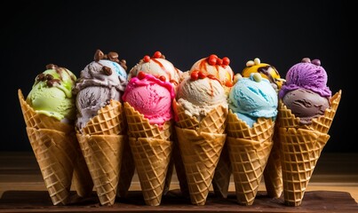 Ice cream scoops in waffle cones on wooden table and black background