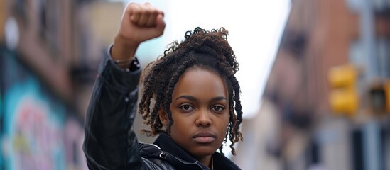 A young person with dark skin raises a defiant fist at a city protest. - obrazy, fototapety, plakaty