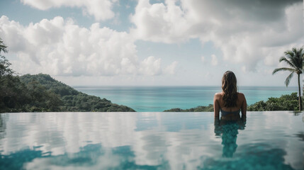 panoramic image Rear view of a woman relaxing serenely in an infinity pool, contemplating a stunning tropical view, embodying tranquility and natural beauty.
