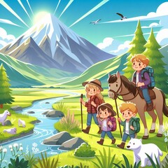 A family is hiking in mountains and grass with juniper trees in sunny weather, and they have a white polar bear and a horse, and there are also flowing rivers.





