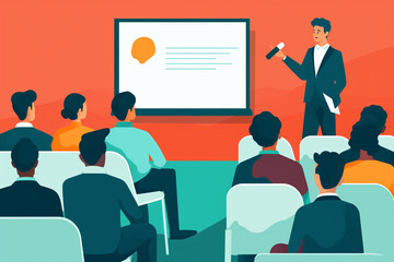 Illustration of a business presentation with a person addressing a seated audience, Flat illustration
