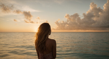 Fototapeta premium Rear view shot from behind of a young woman spending time meditating in the sea at sunset 