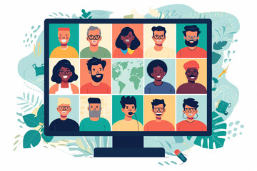 Illustration of an international video call with multicultural participants, Flat illustration