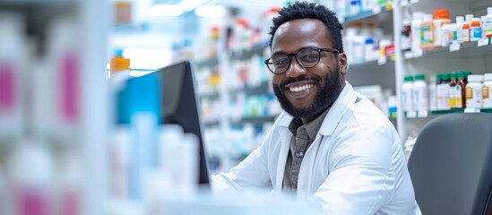 Young male pharmacist smiles while checking stock on his computer before dispensing medication in the pharmacy.