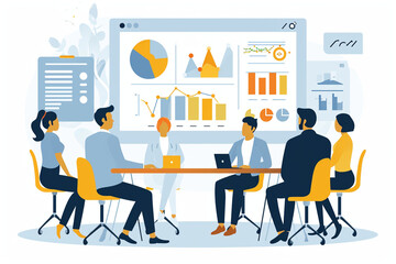 Fototapeta na wymiar Illustration of a financial review meeting with advisors and clients, Flat illustration