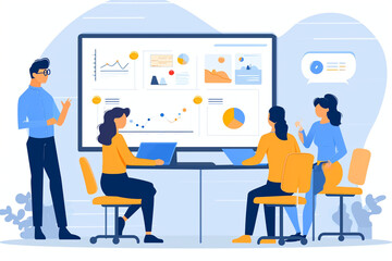 Fototapeta premium Illustration of a marketing strategy workshop with brainstorming, Flat illustration