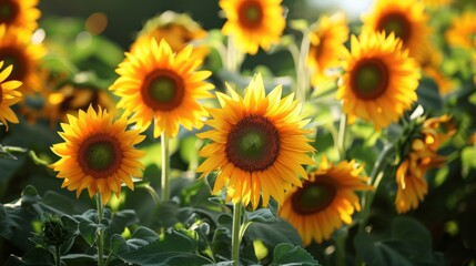 Radiant sunflowers in a tropical field, basking in golden yellows and deep oranges generative ai