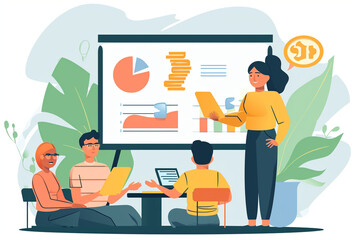 Illustration of a financial literacy and budgeting class for employees, Flat illustration