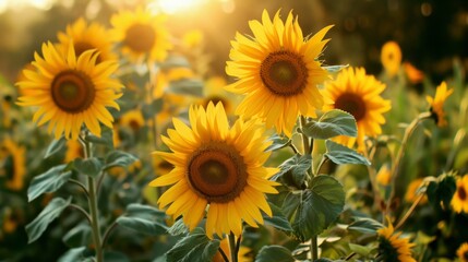 Fototapeta premium Radiant sunflowers in a tropical field, basking in golden yellows and deep oranges generative ai