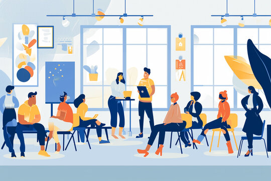 Illustration of a conflict resolution workshop with employees acting out scenarios, Flat illustration