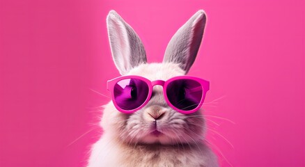 Fototapeta premium Cool Easter bunny with sunglasses in front of a pink background wall.