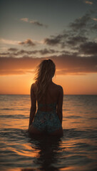 Rear view shot from behind of a young woman spending time meditating in the sea at sunset
