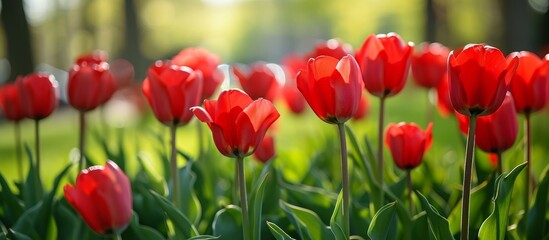 Red tulips in the park, with a spring backdrop.