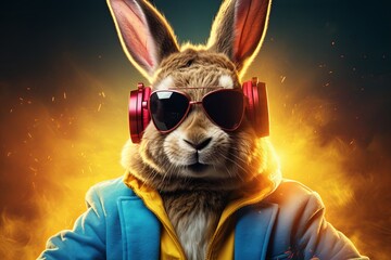 Cool Easter bunny as a dj with sunglasses and headphones.