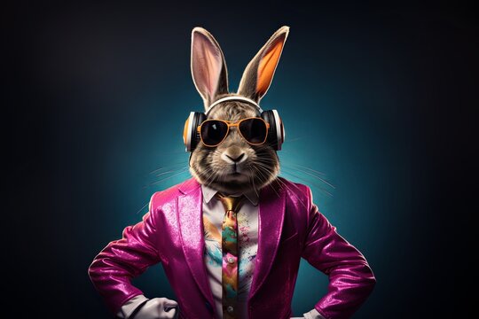 Cool Easter bunny as a dj with sunglasses and headphones.
