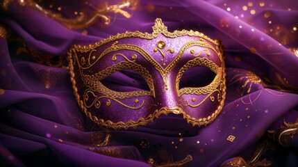 Royal purple and gold masquerade mask, conveying opulence and grandeur on a luxurious background generative ai