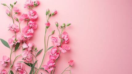 Delicate pink sweet peas on a blush pink background, exuding romance, wedding, Flat lay, top view, with copy space