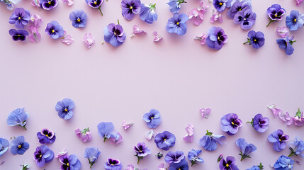 Tiny purple pansies on a lavender-toned backdrop, adding a touch of whimsy, wedding, Flat lay, top view, with copy space