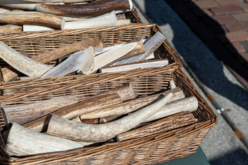 Baskets filled with elk antlers used for dog treats and crafts. The small eco friendly bony...