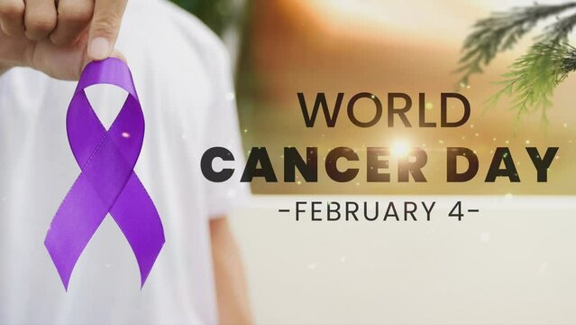 Hands holding purple ribbon. World Cancer Day, lavender purple ribbon to support people living with cancer. 4k animation.